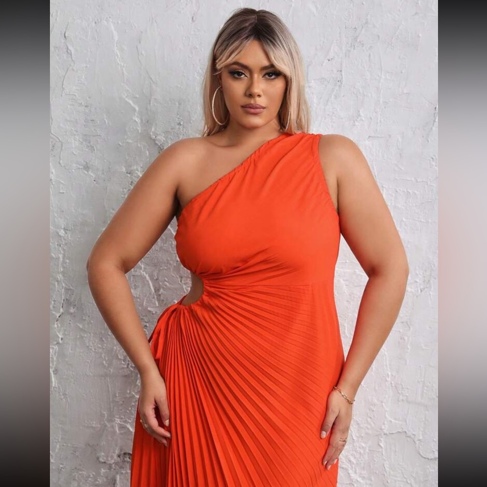 Orange - single shoulder pleated dress